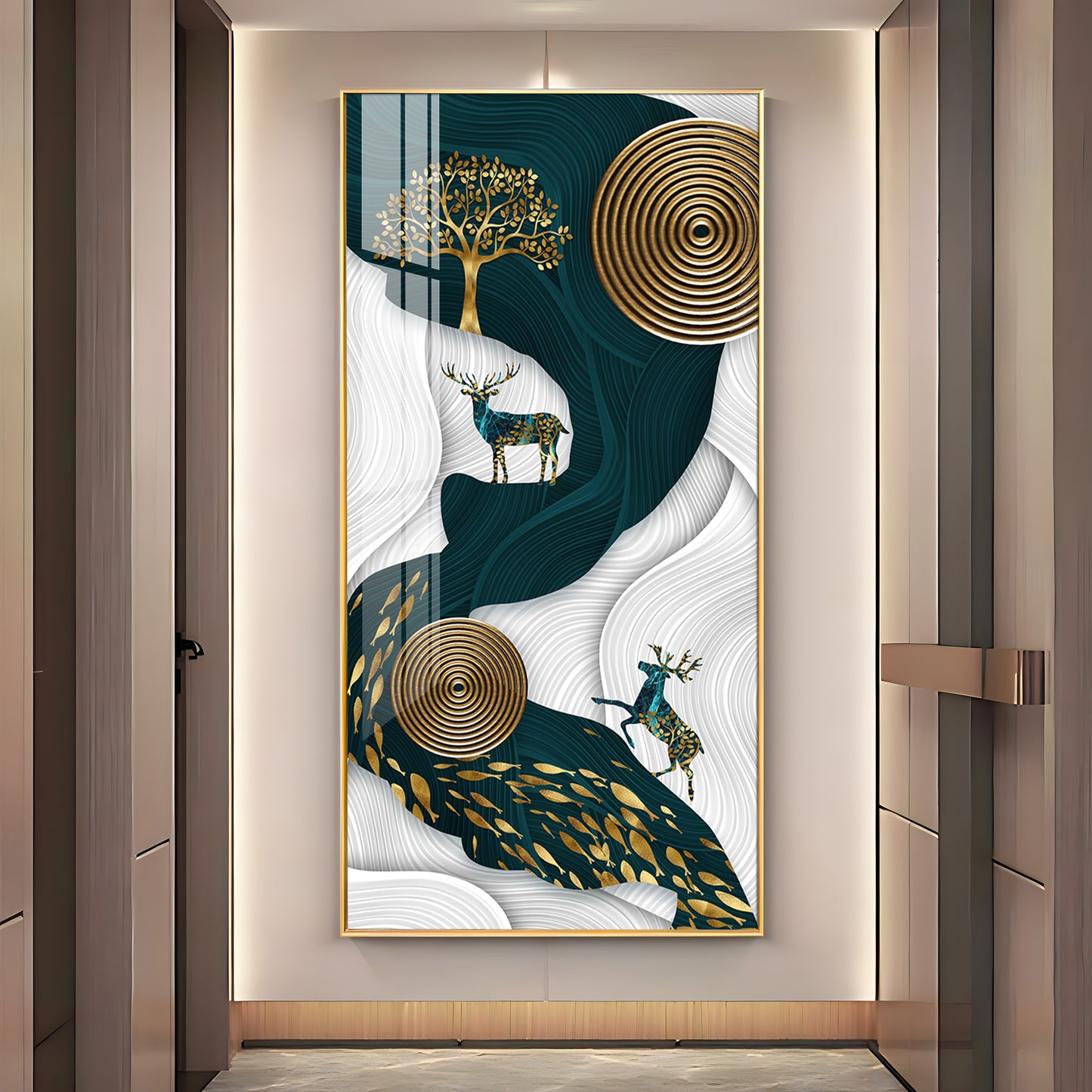 Deer and Tree Glass Finish Vertical Wall Art