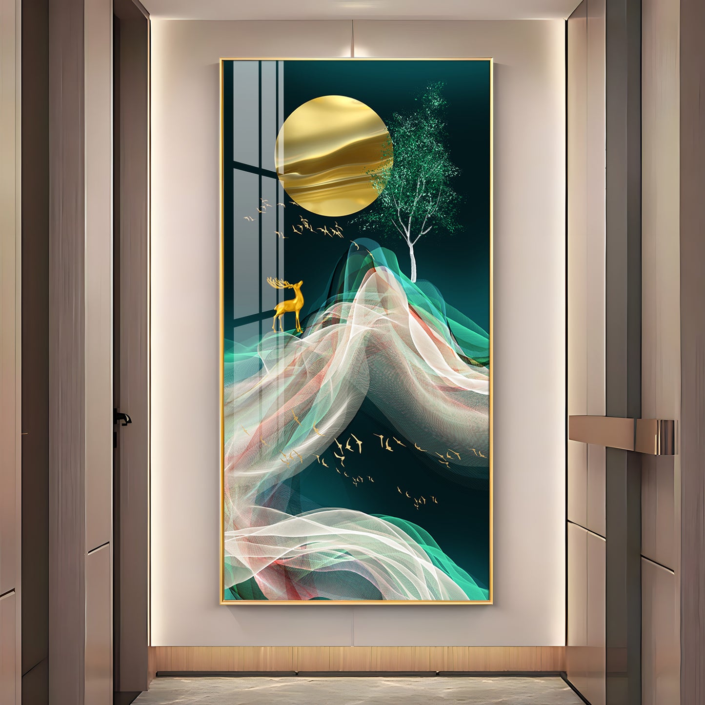 Deer with Golden Moon Glass Finish Vertical Wall Art