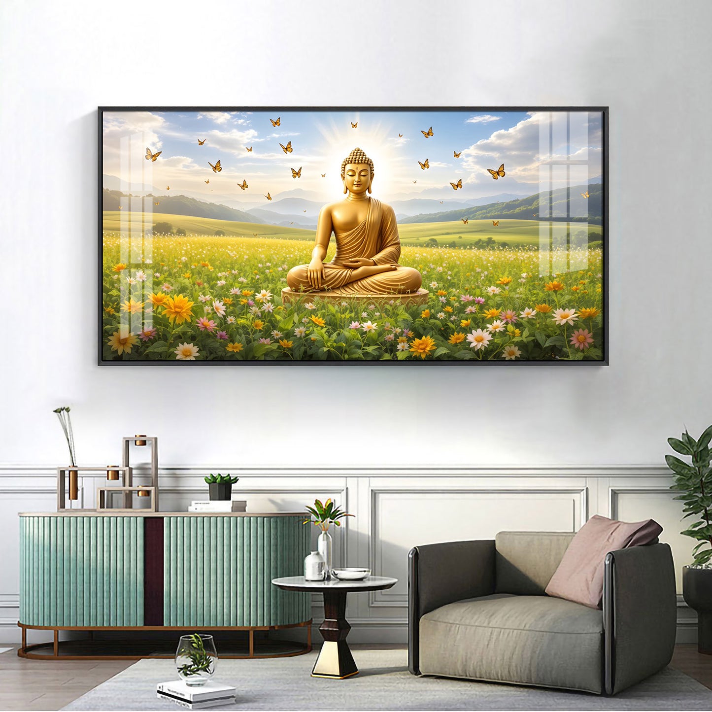 Buddha In Peaceful Nature Glass Finish Horizontal Wall Art