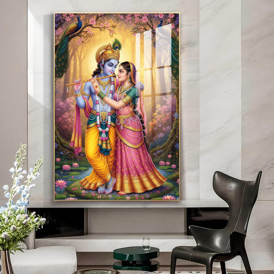 Krishna and Radha Love in Serenity Glass Finish Vertical Wall Art