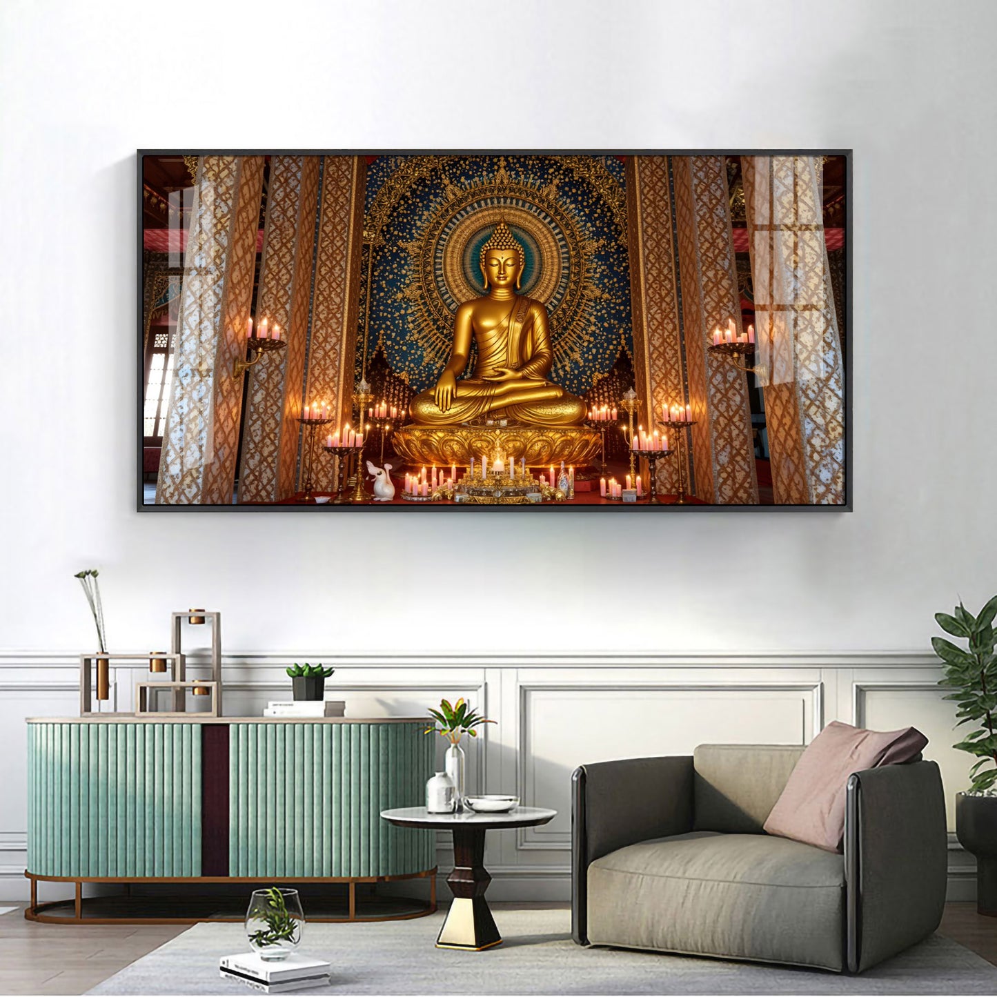 Buddha In Golden Incarnation Glass Finish Horizontal Wall Art