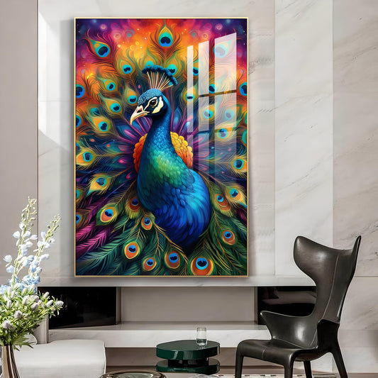Beautiful Peacock Glass Finish Vertical Wall Art