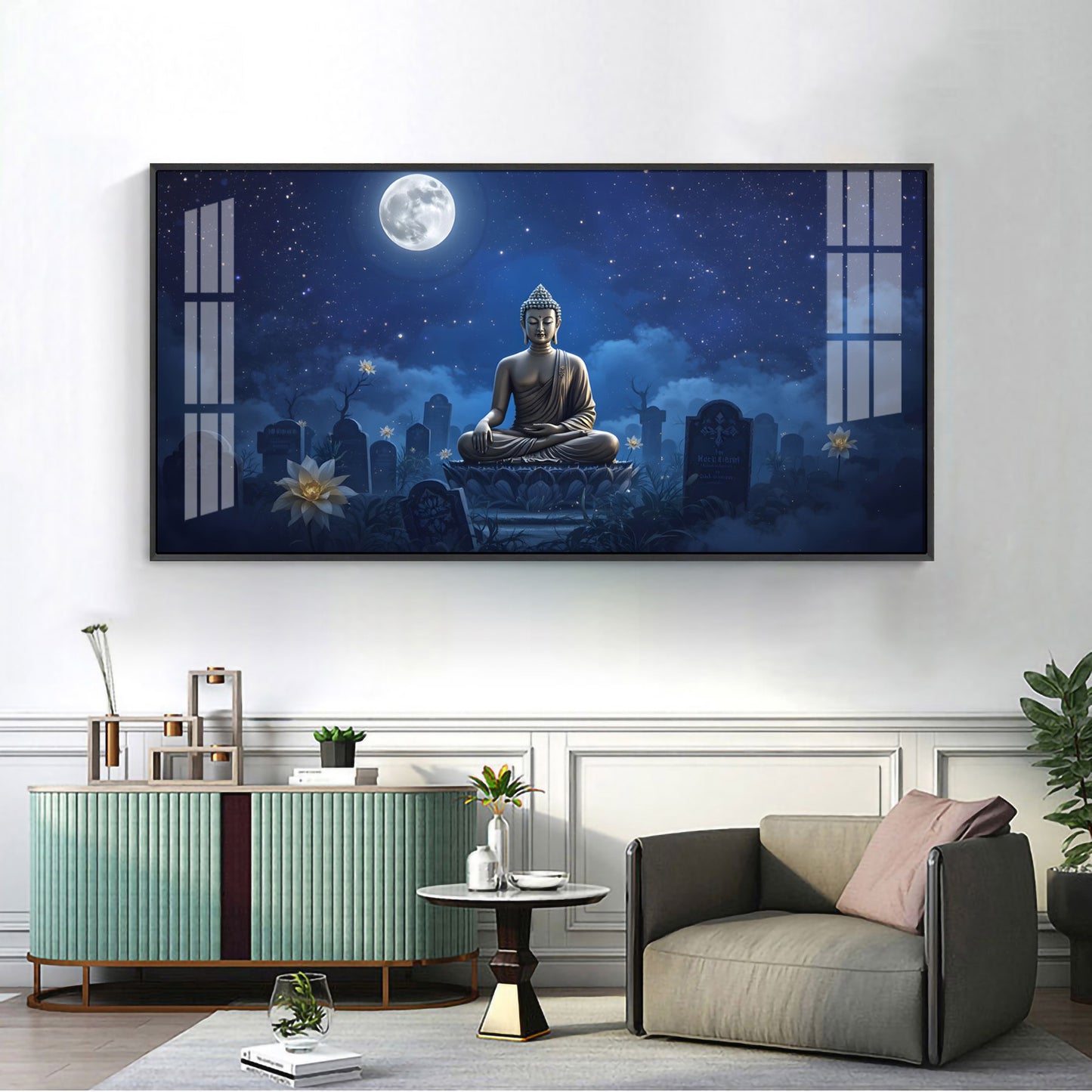 Buddha In Moonlight Glass Finish Horizontal Wall Art