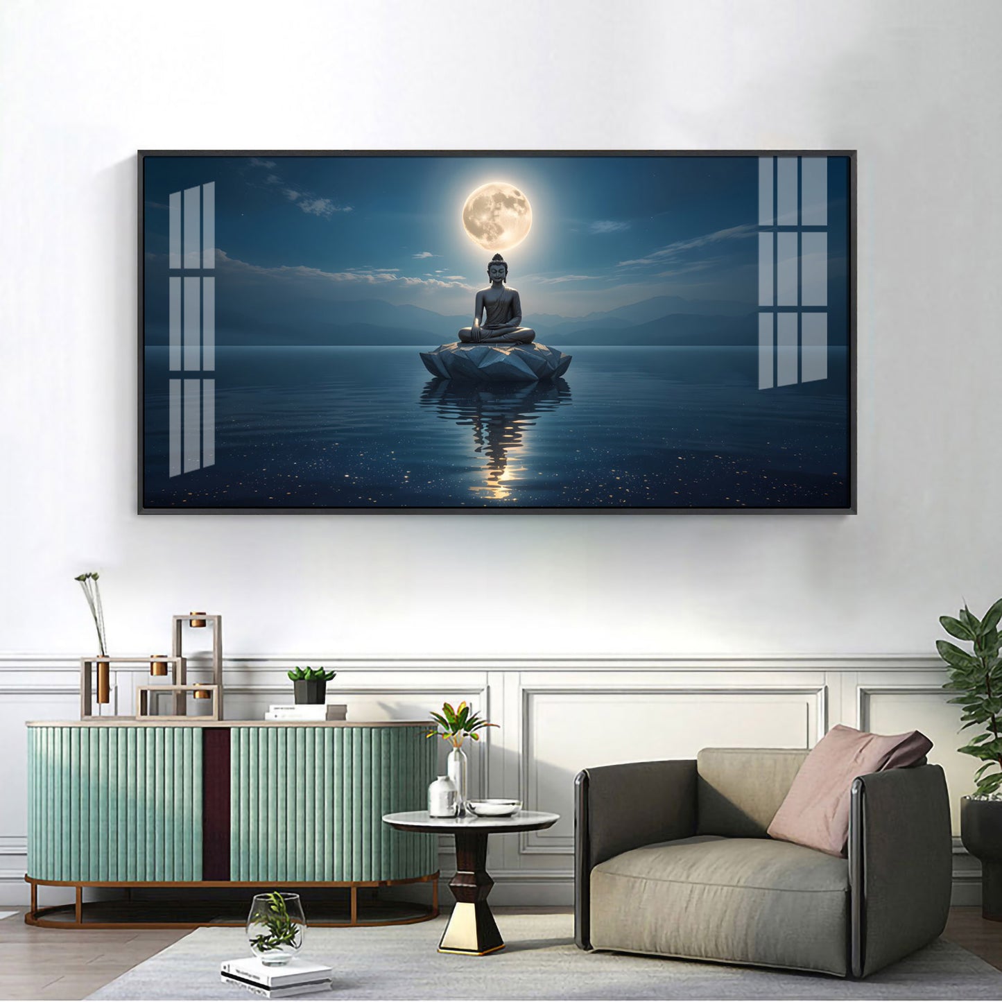 Buddha In Littoral land Glass Finish Horizontal Wall Art