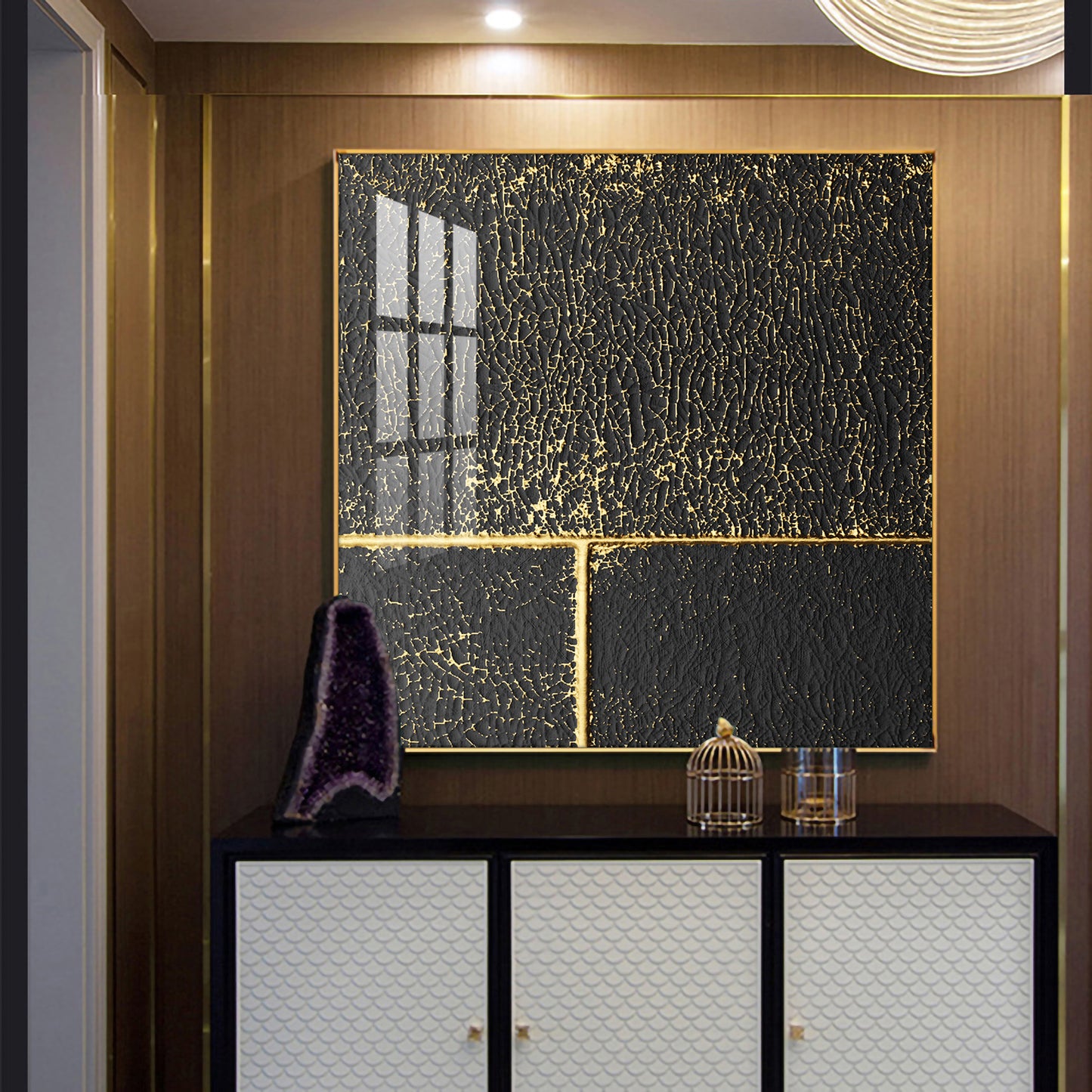 Black and Gold Reverie Glass Finish Square Wall Art