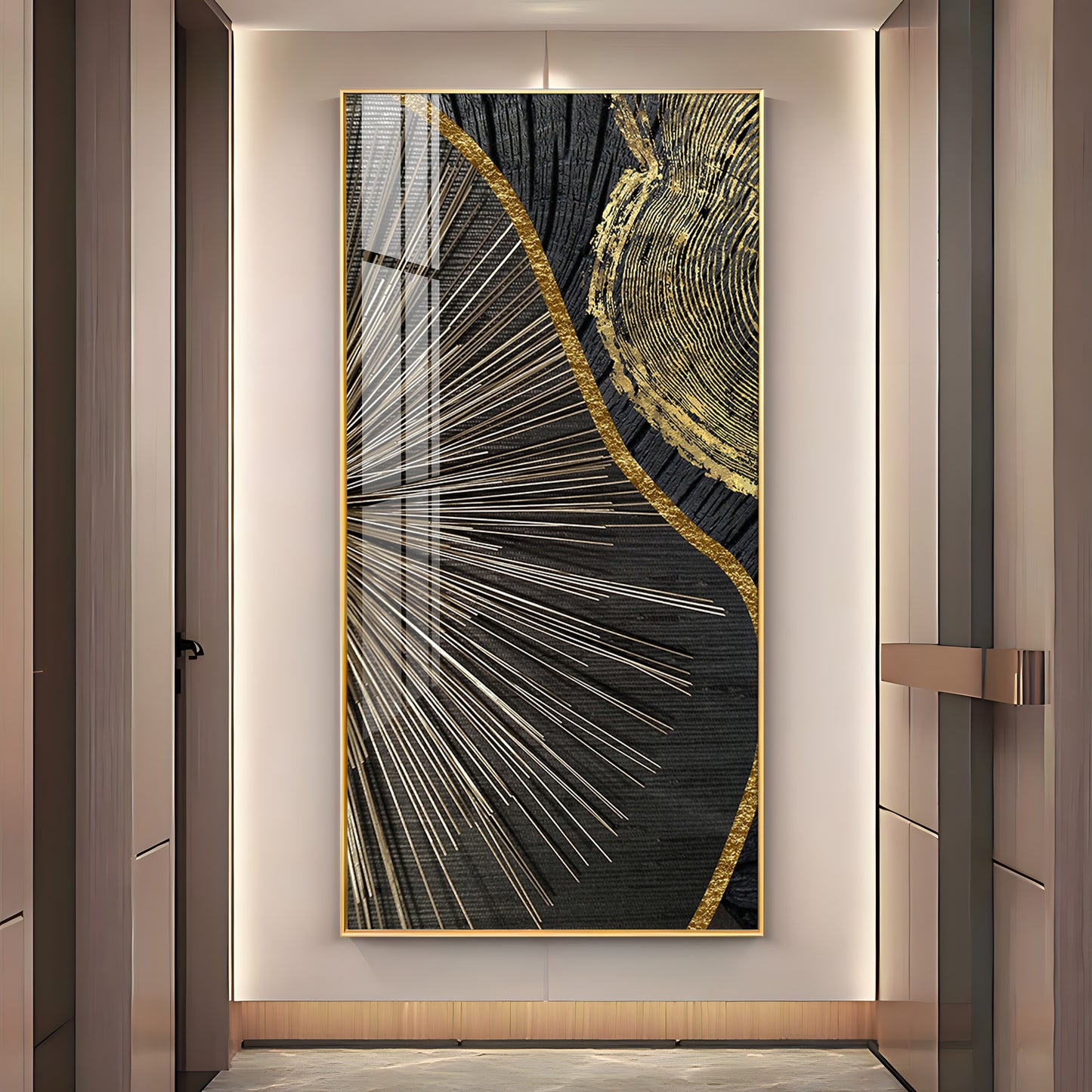 Golden Abyss Glass Finish Vertical Wall Art