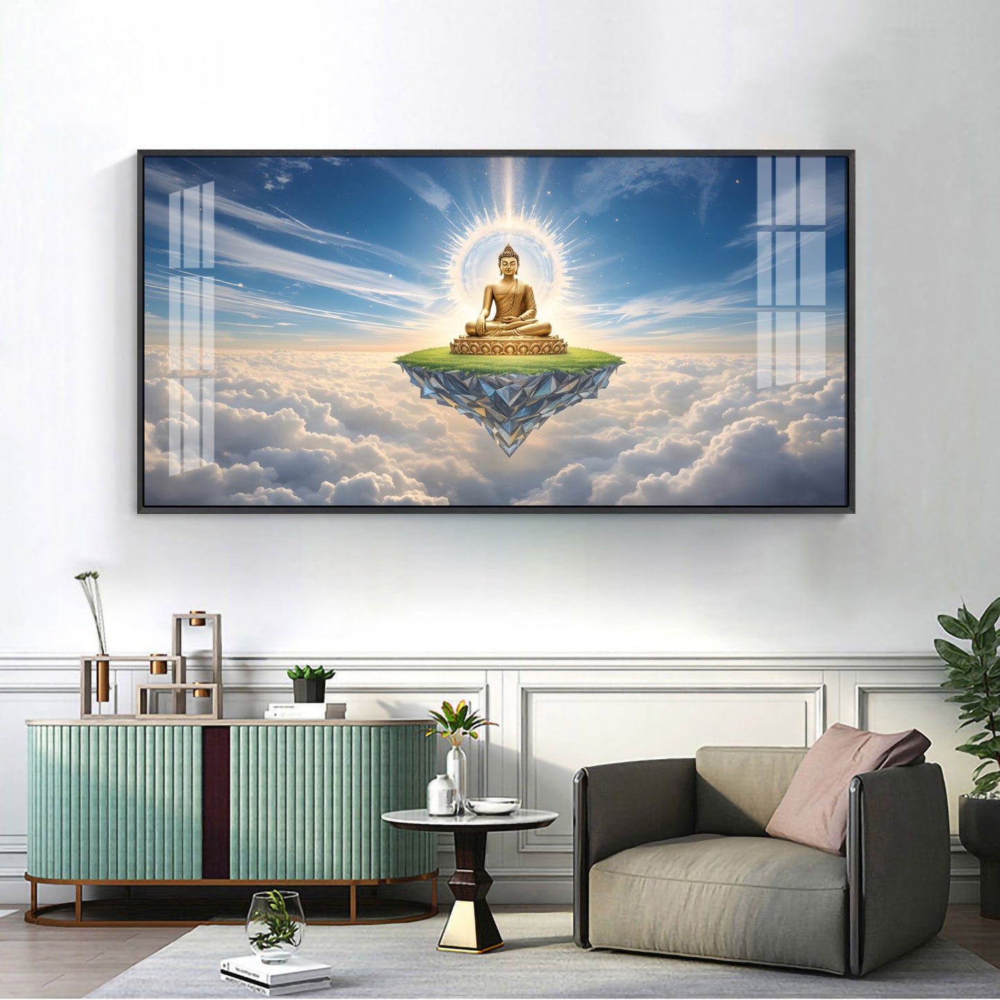 Majestic Buddha In Cloud Glass Finish Horizontal Wall Art