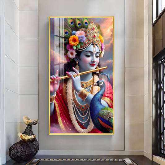 Lord Krishna Flower Crown Glass Finish Vertical Wall Art
