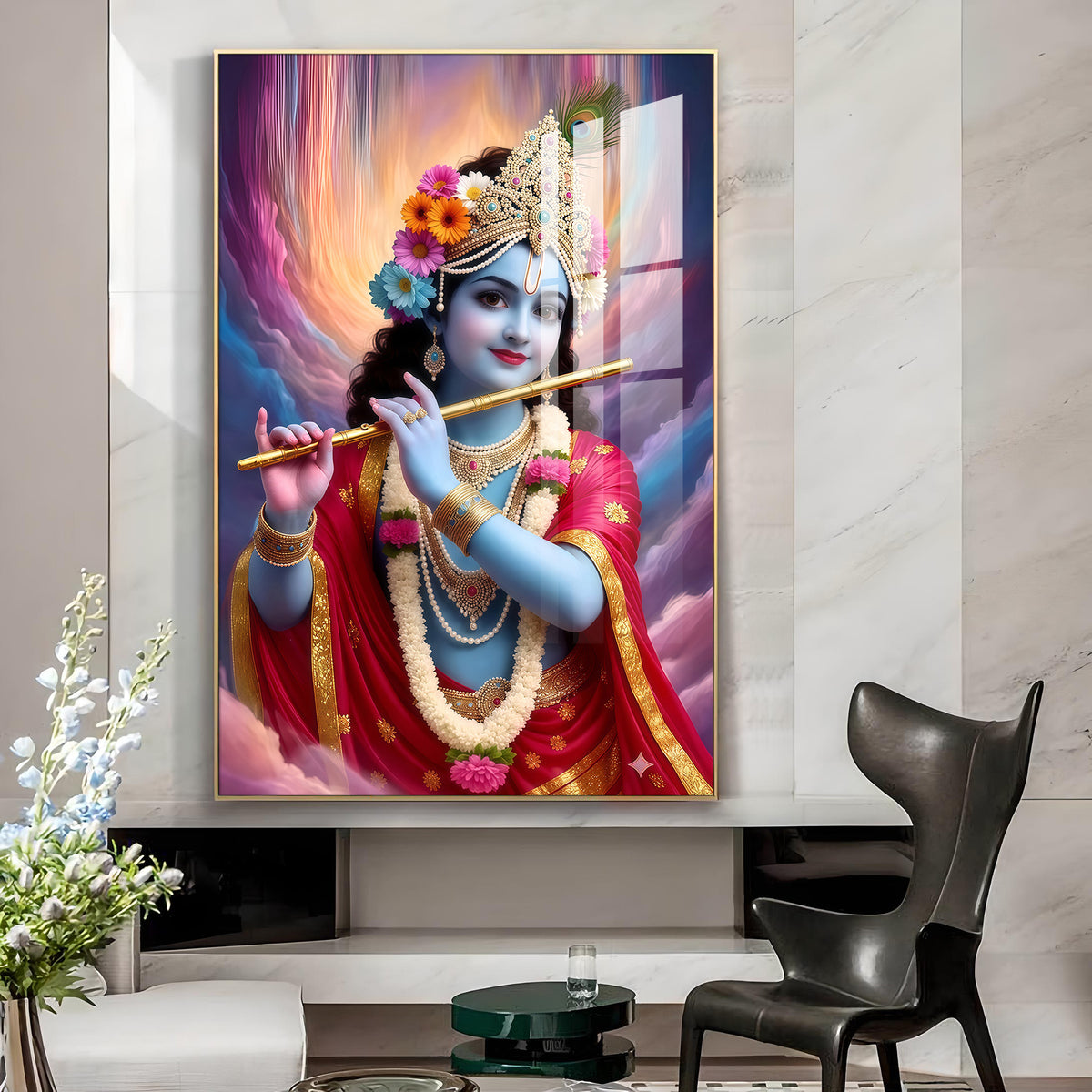 Colorful Krishna Ji Glass Finsih Vertical Wall Art