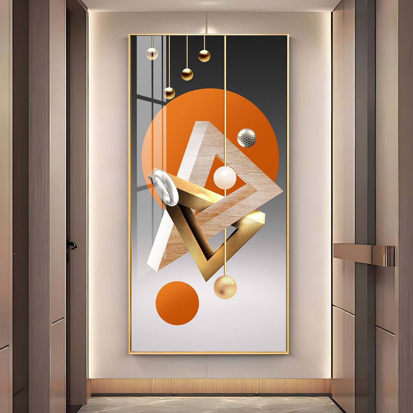 Triangular Geometry Glass Finish Vertical Wall Art