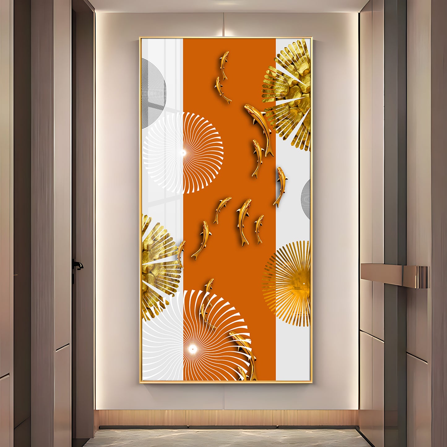 Orange And White Elegance Glass Finish Vertical Wall Art