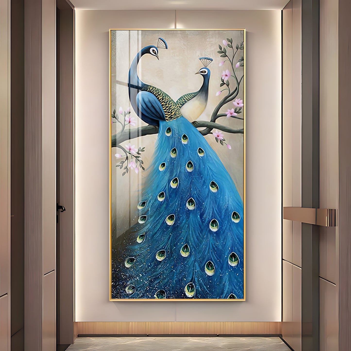 Dual Peacock Serenity Glass Finish Vertical Wall Art