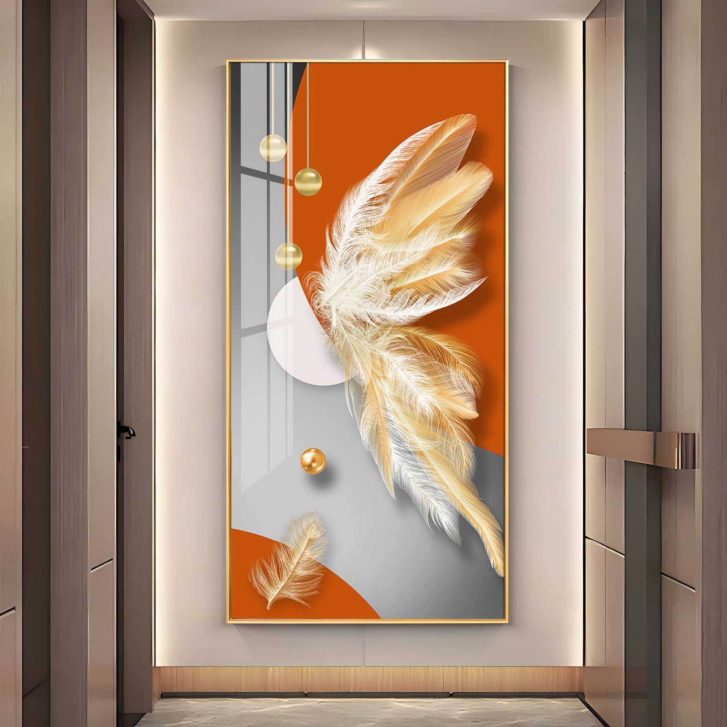 Whimsical Feather Glass Finish Vertical Wall Art