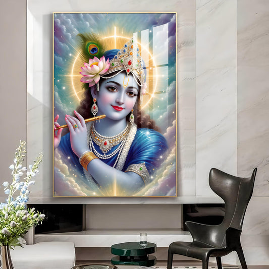 Krishna's Tranquil Abode Glass Finish Vertical Wall Art