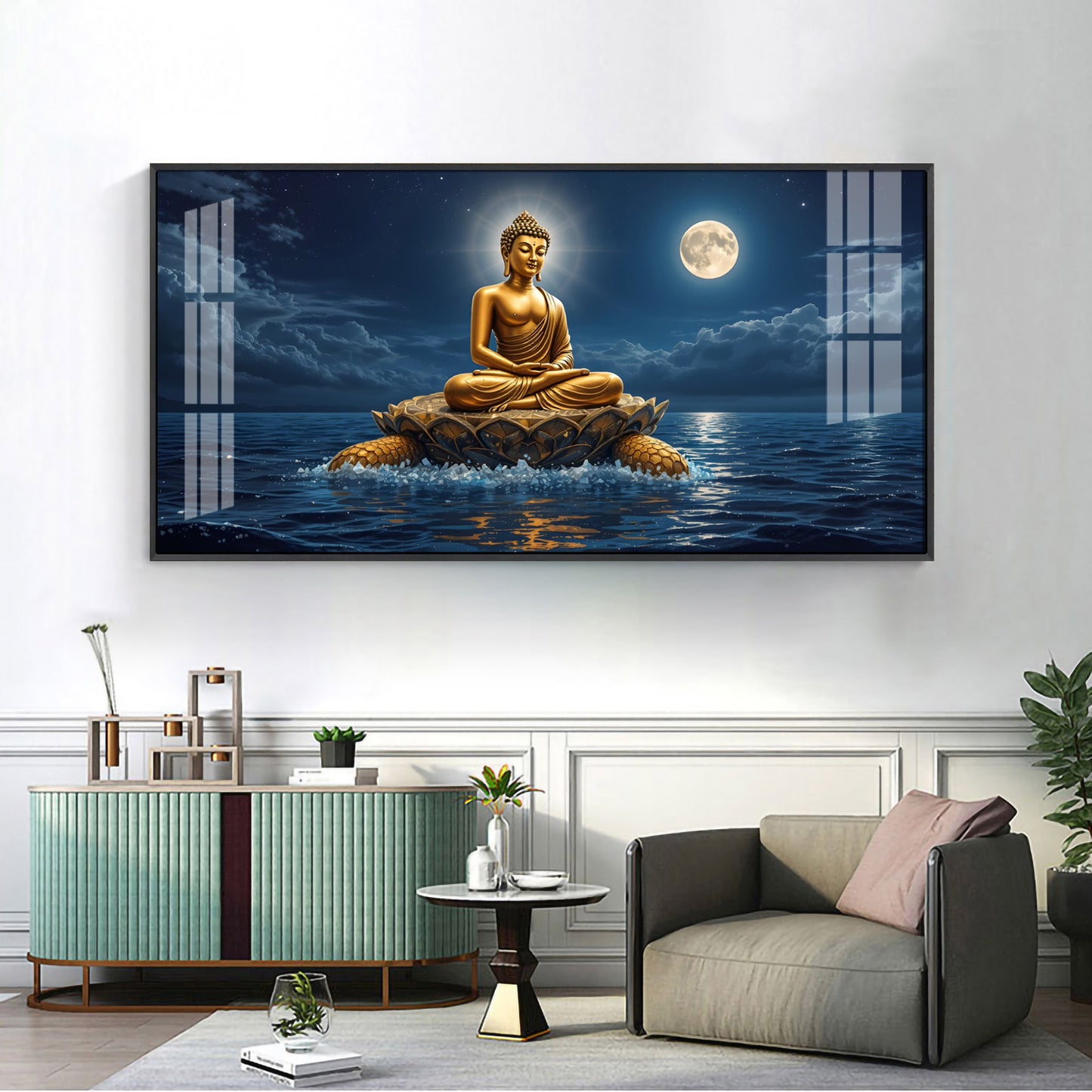 Buddha Sitting Peacfully Glass Finish Horizontal Wall Art