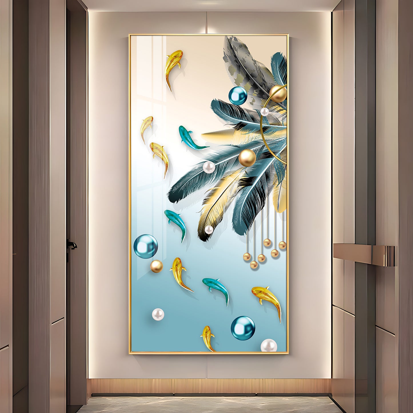 Majestic Blue-Gold Bird Glass Finish Vertical Wall Art