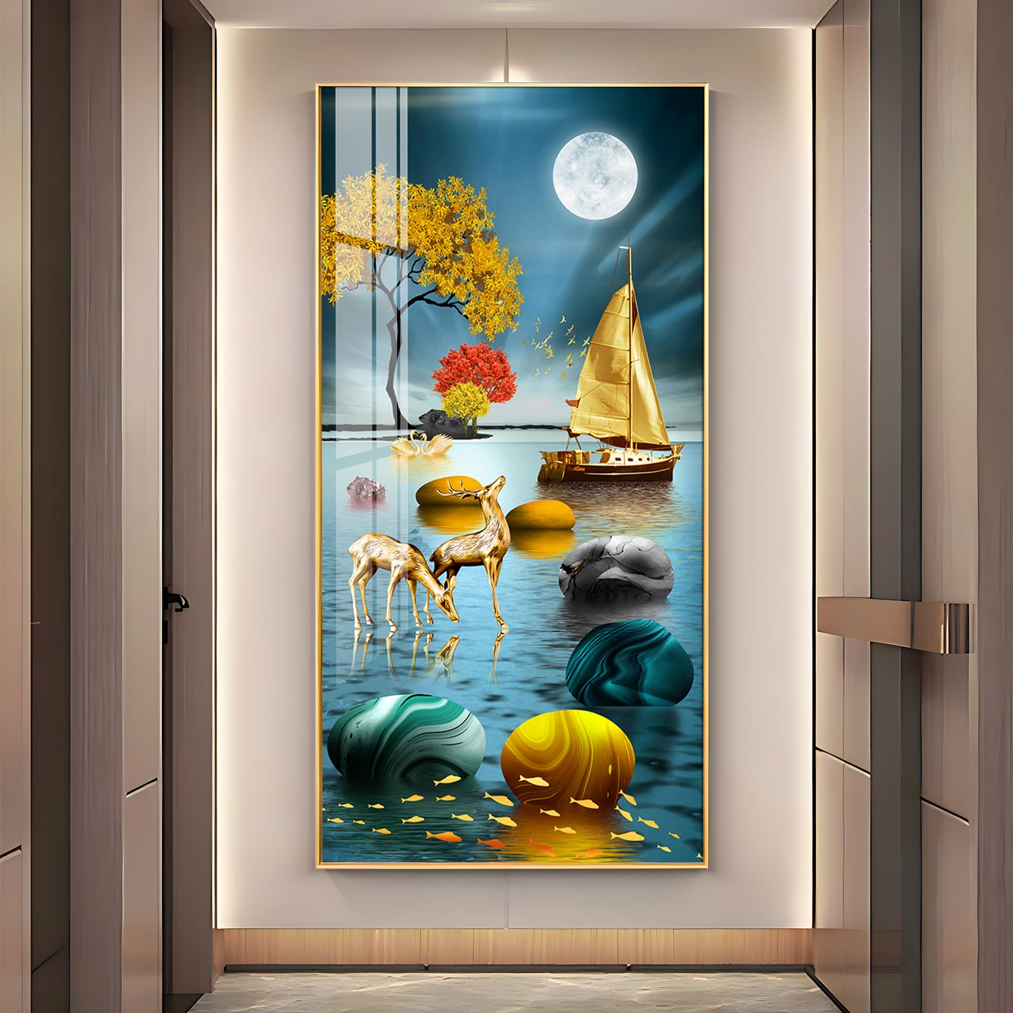Boat and Deer Glass Finish Vertical Wall Art