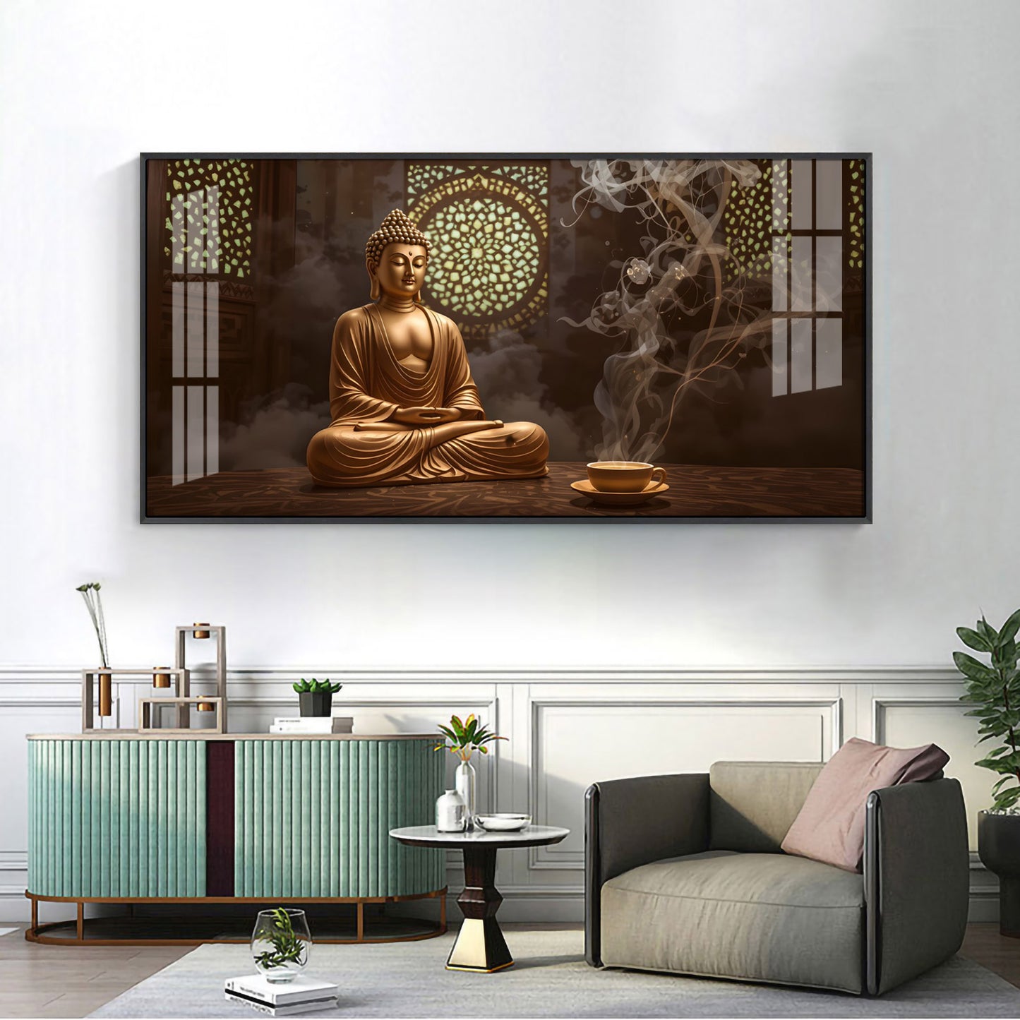 Buddha In Peace Glass Finish Horizontal Wall Art