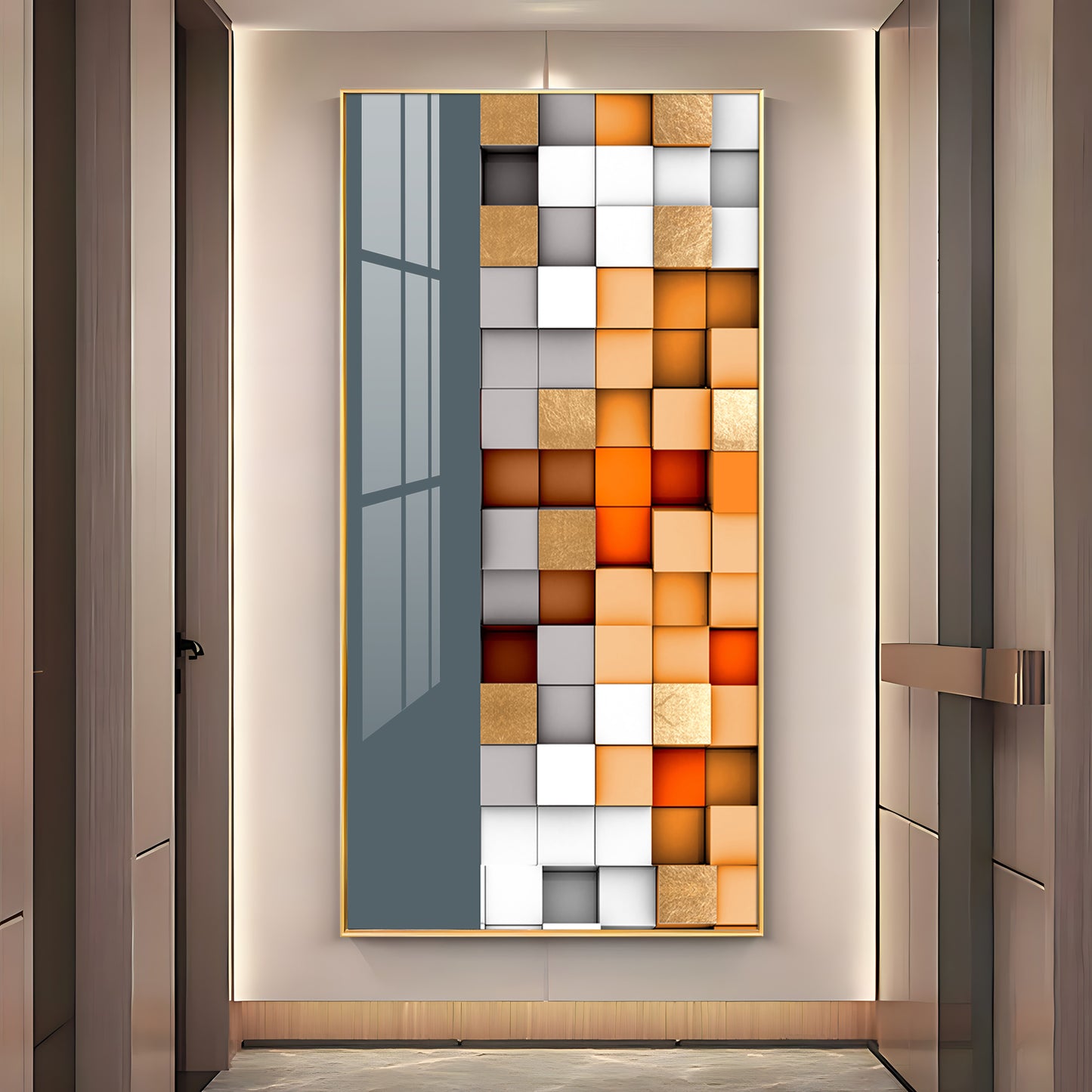 Multiple Abstract Blocks Glass Finish Vertical Wall Art