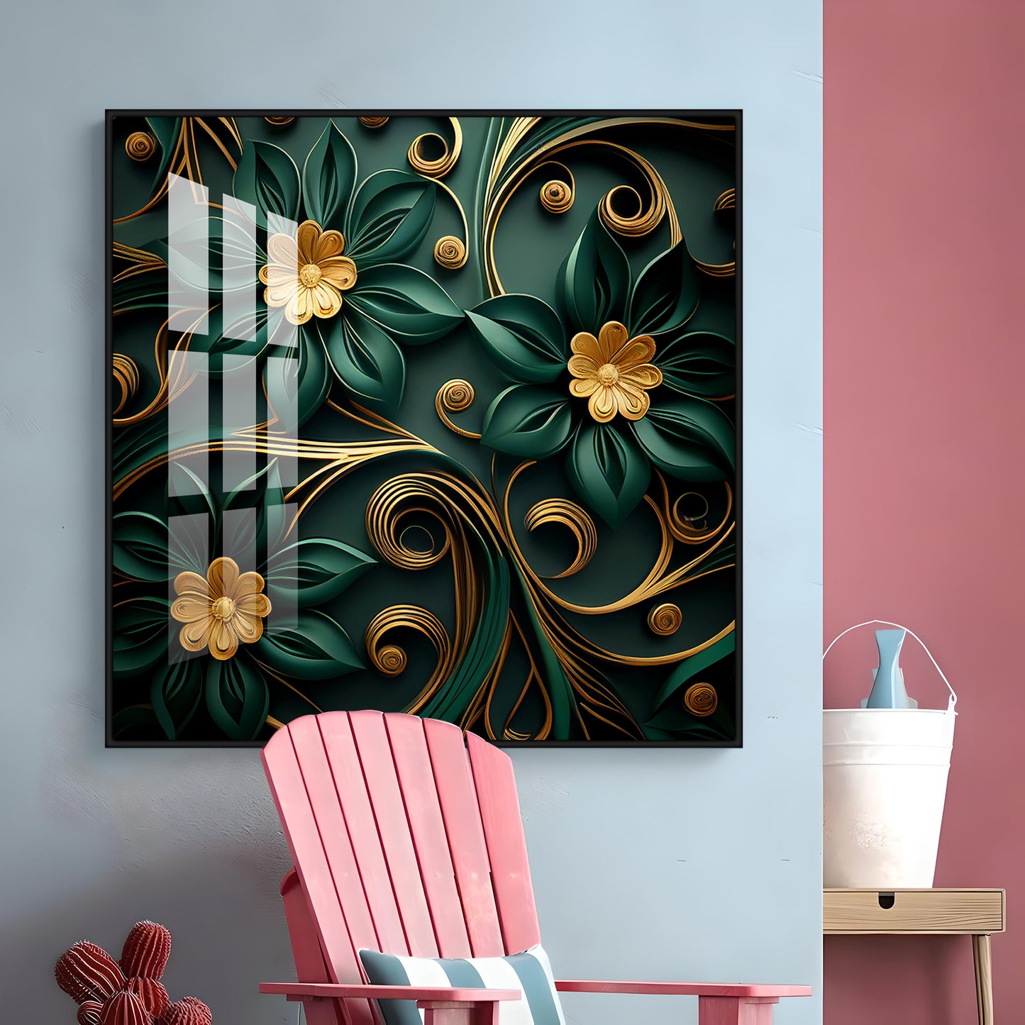 Emerald Garden Flower Glass Finish Square Wall Art