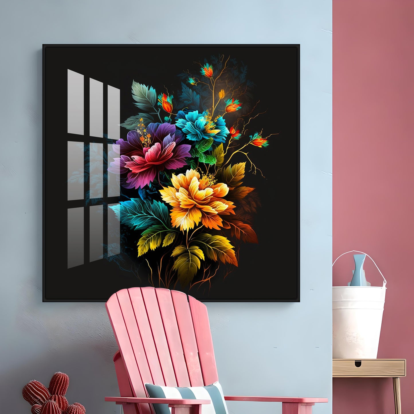 Dark Floral Symphony Glass Finish Square Wall Art