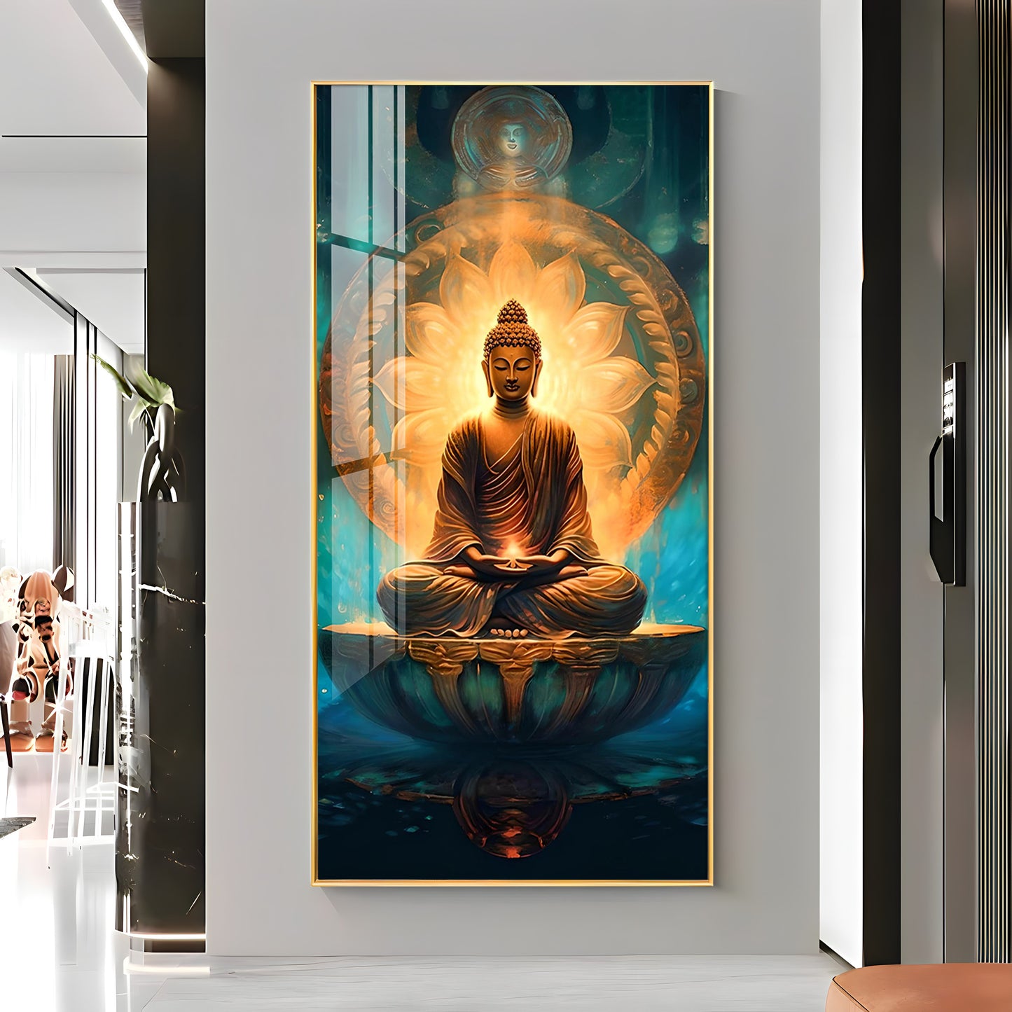 Buddha's Peaceful Retreat Glass Finish Vertical Wall Art
