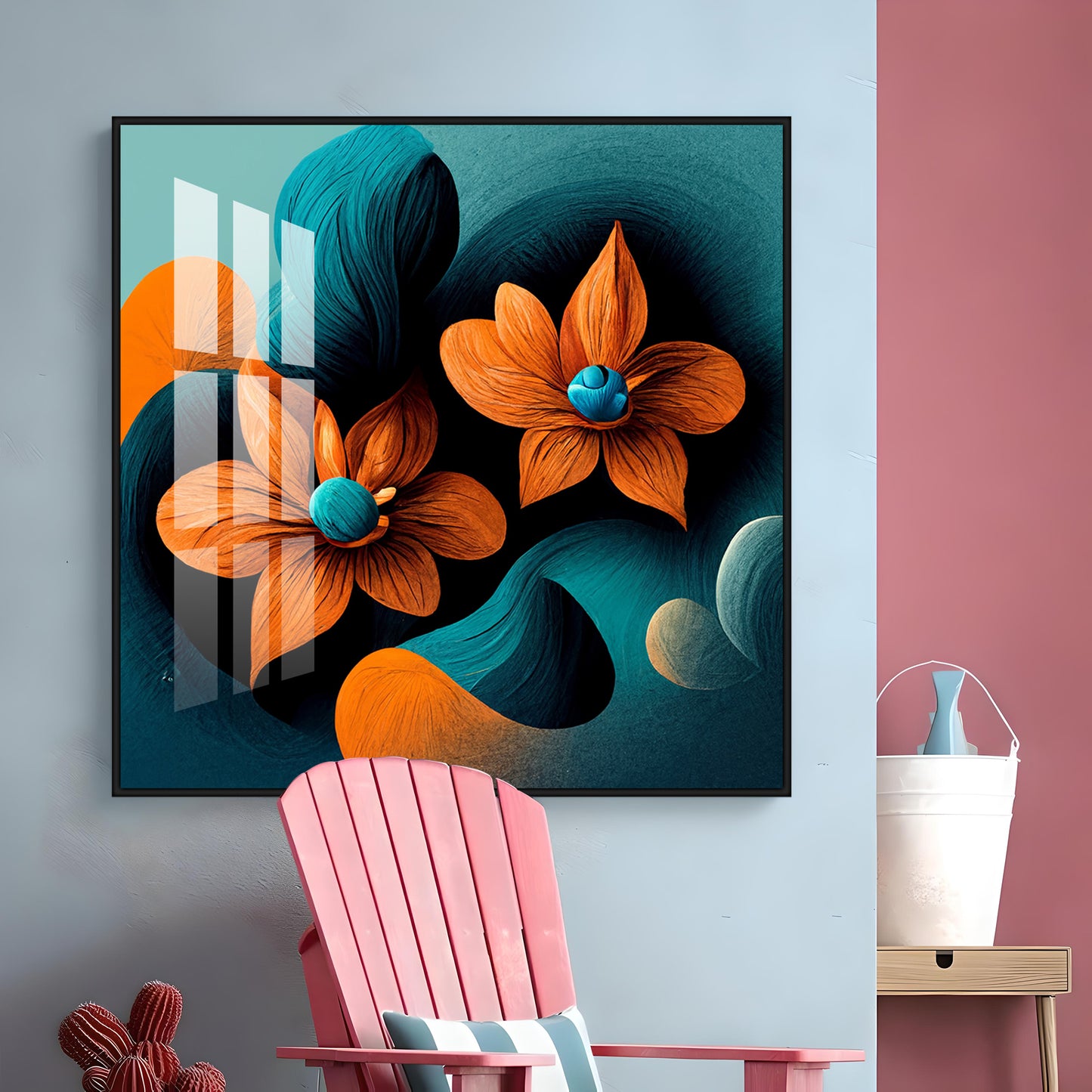 Orange and Blue Blossom Fusion Glass Finish Square Wall Art