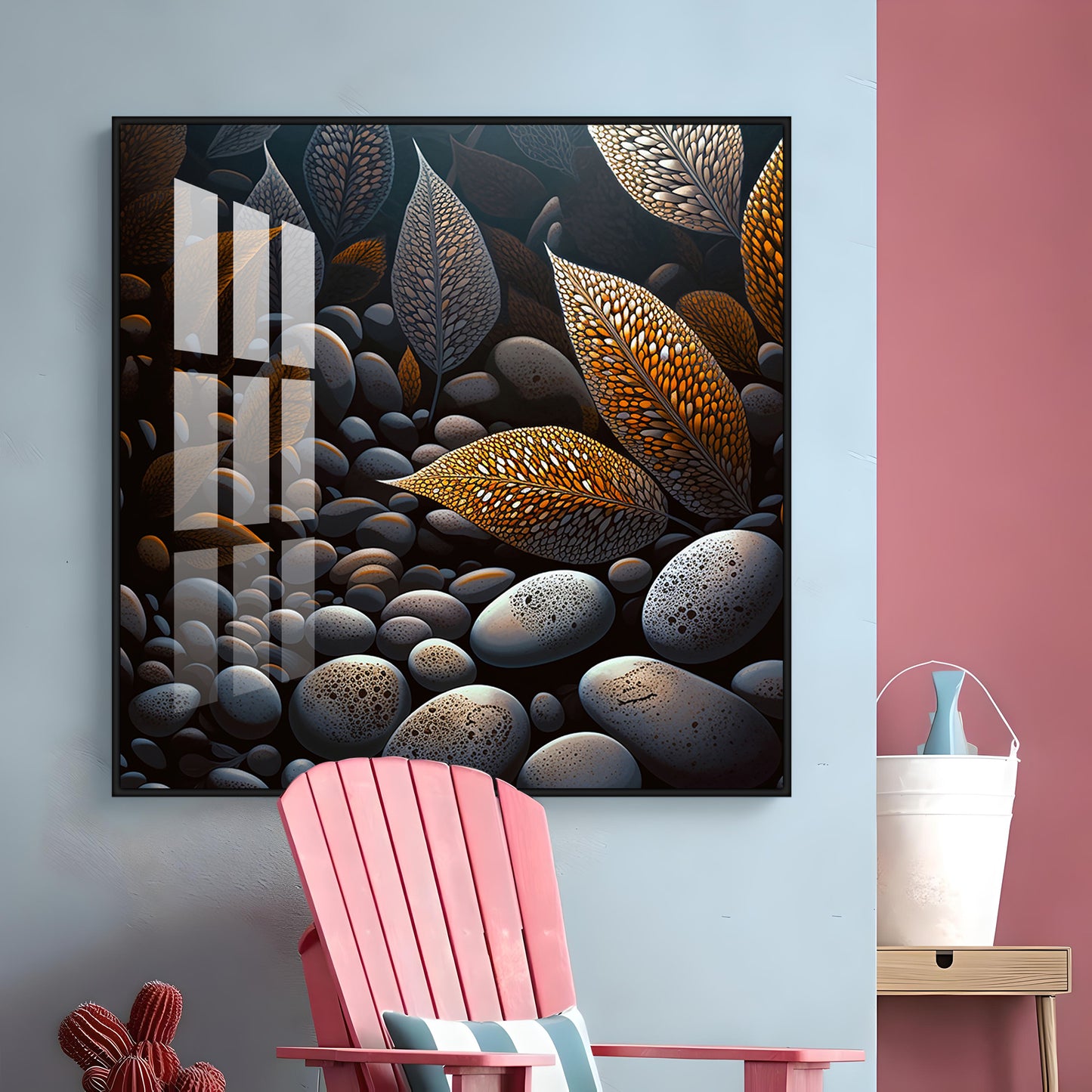 Leaves and Stones Glass Finish Square Wall Art