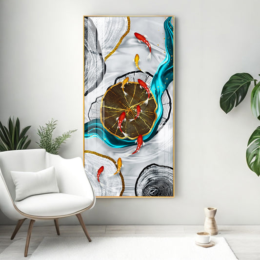 Tranquil Fish Pond Glass Finish Vertical Wall Art