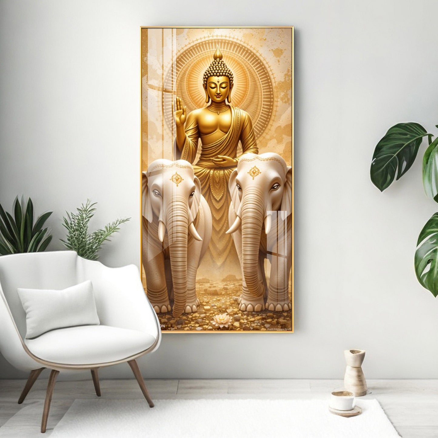 Meditating Budha With Alpha Elephant Glass Finish Vertical Wall Art