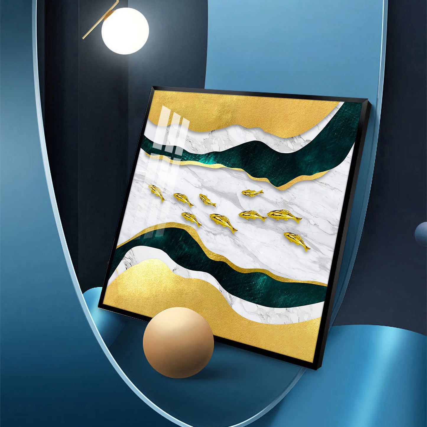 Golden Abstraction Of Fishes Glass Finish Square Wall Art