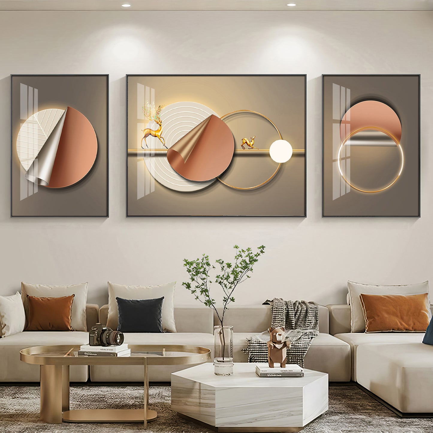 Golden Horizon Glass Finish Wall Art (Set Of 3)