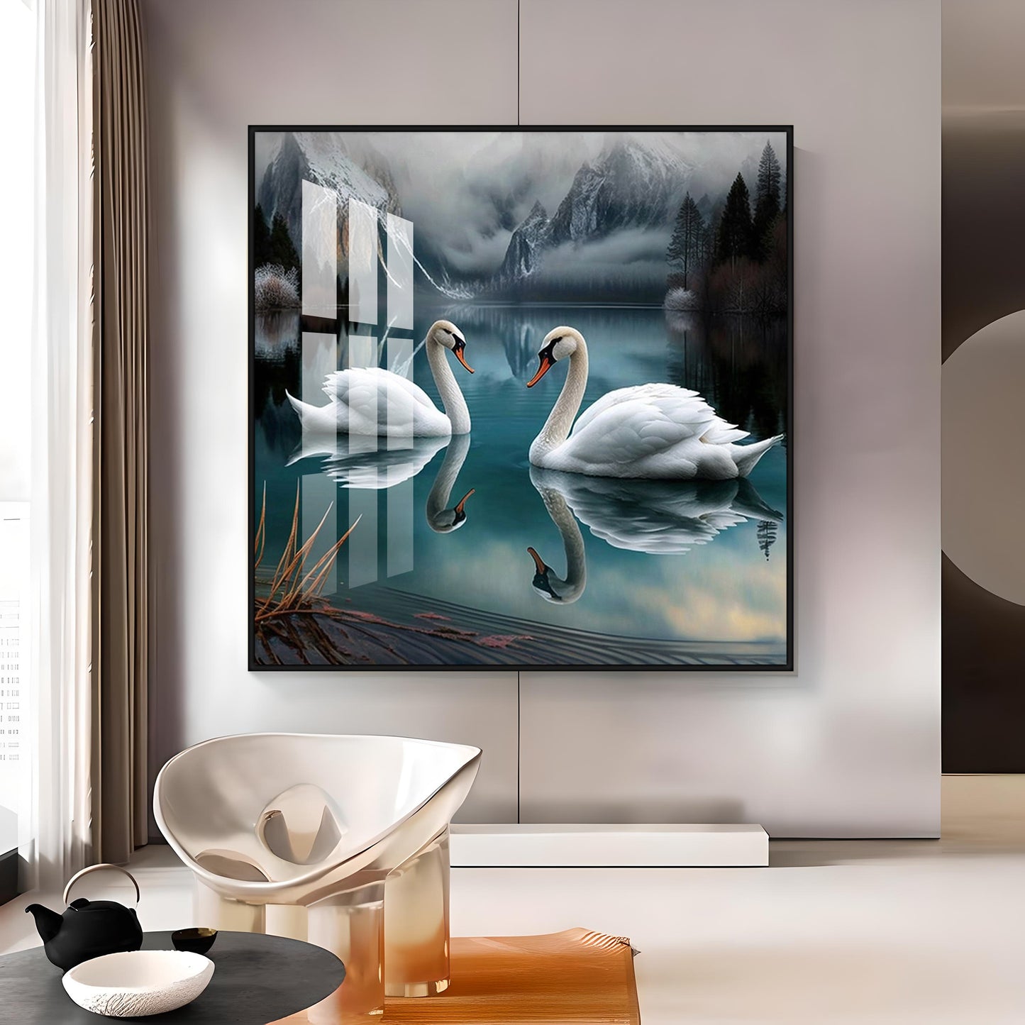 Graceful Swans in Water Glass Finish Square Wall Art