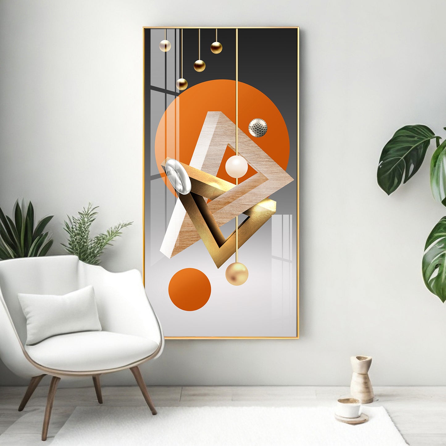 Triangular Geometry Glass Finish Vertical Wall Art