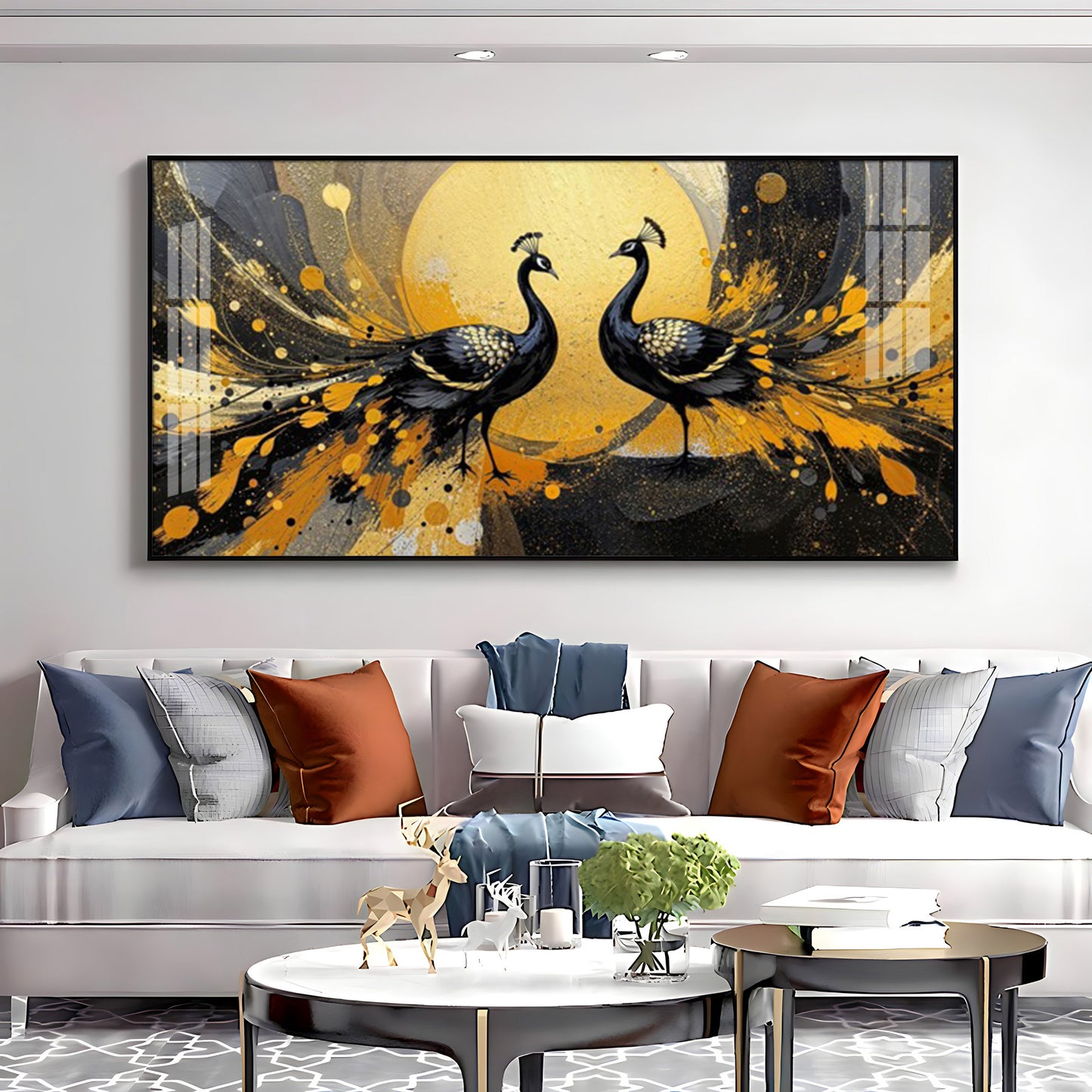 Abstract Two Peacock Looking Each Other Glass Finish Horizontal Wall Art