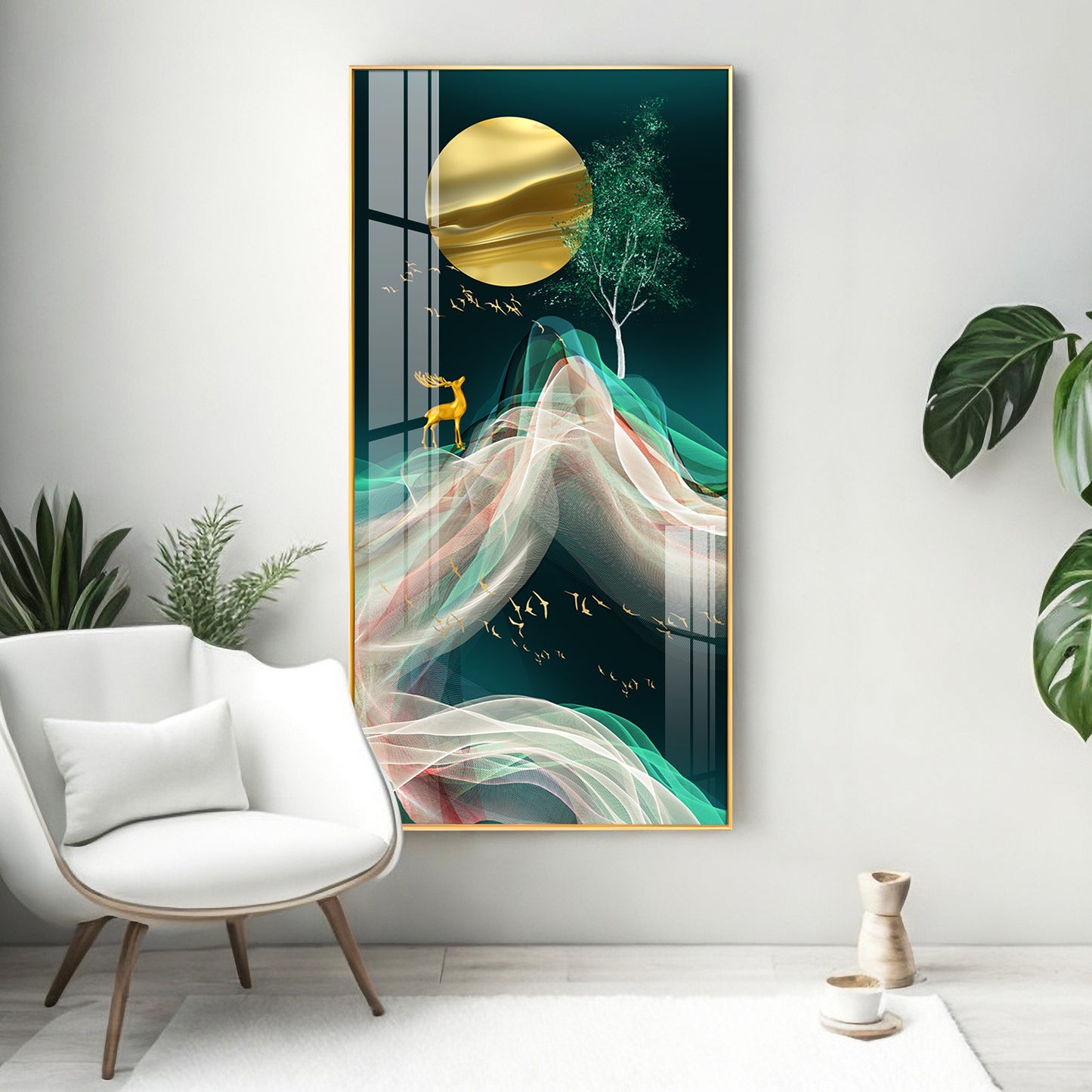 Deer with Golden Moon Glass Finish Vertical Wall Art