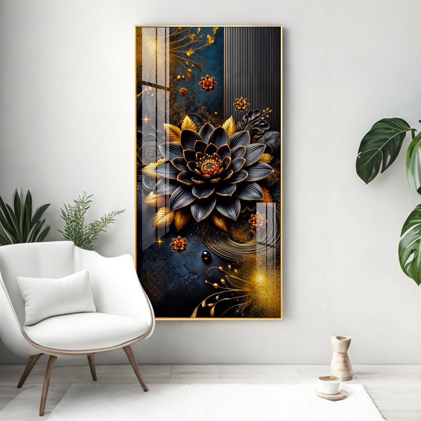 Surreal Black Flower Glass Finish Vertical Wall Art