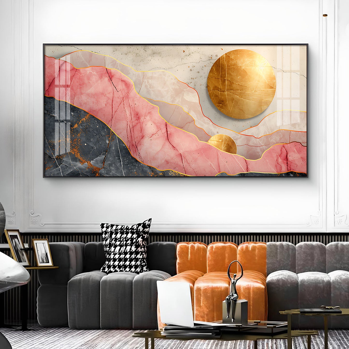 Pink and Gold Marble Stone Texture Glass Finish Horizontal Wall Art