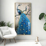 Dual Peacock Serenity Glass Finish Vertical Wall Art