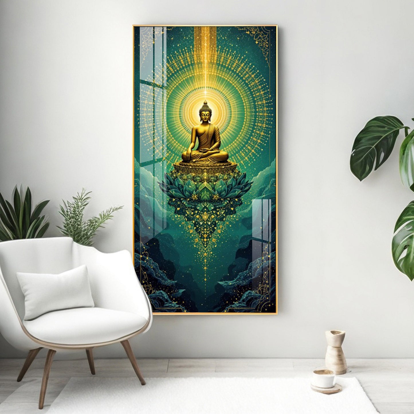 Surreal Energy Of Budha Glass Finish Vertical Wall Art