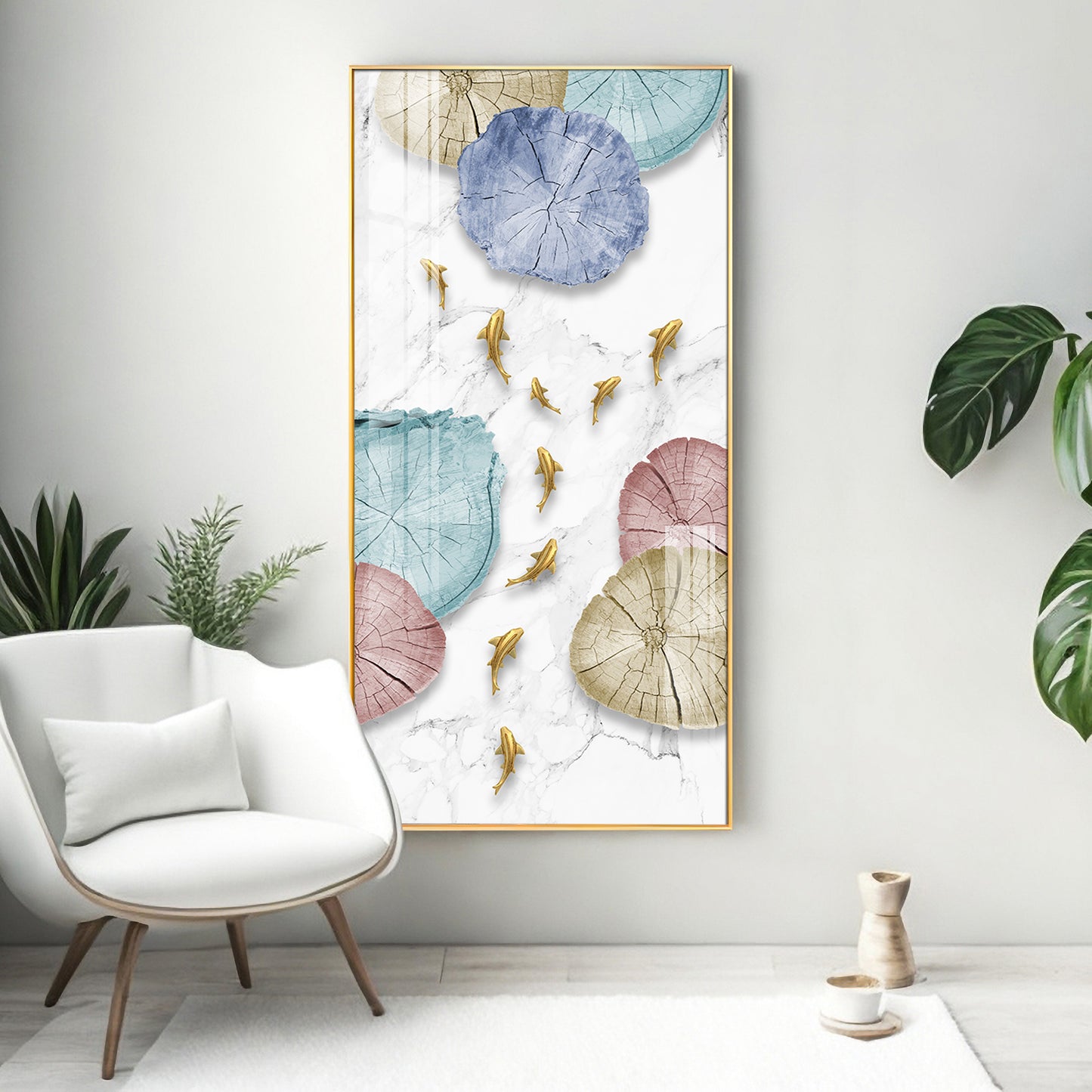 Golden Fish Umbrella Mosaic Glass Finish Vertical Wall Art
