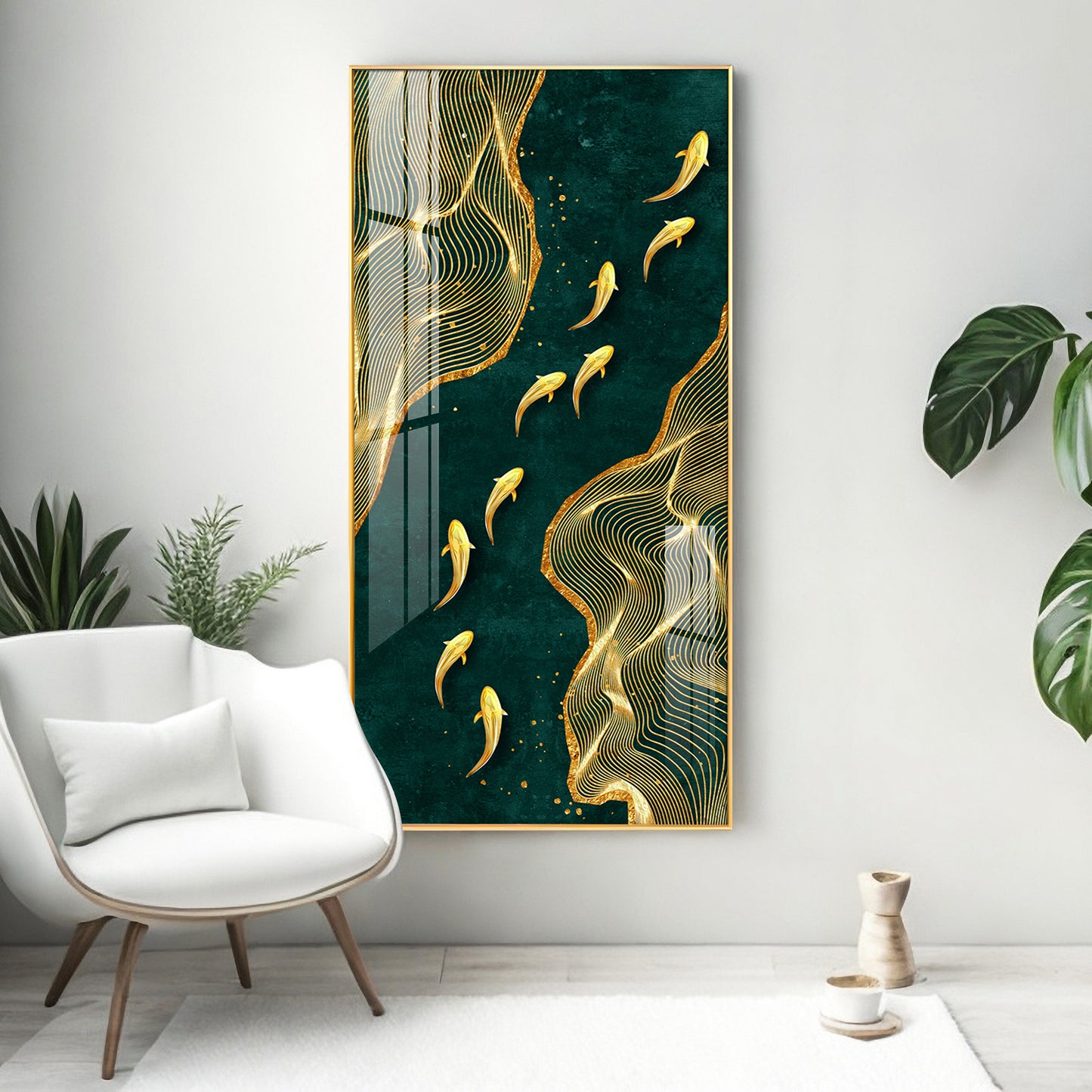 Oceanic Gold Fish Glass Finish Vertical Wall Art