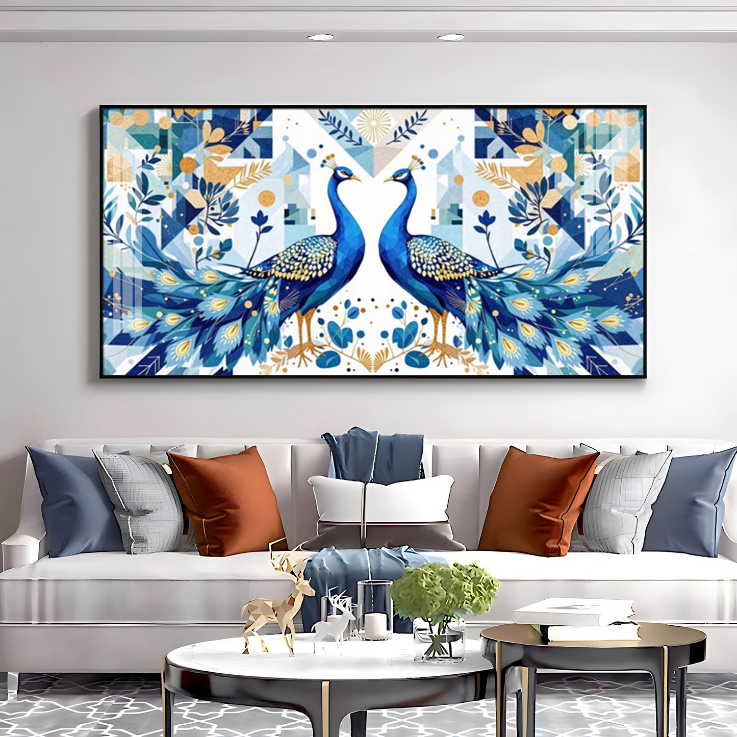 Two Peacock Looking Each Other Glass Finish Horizontal Wall Art