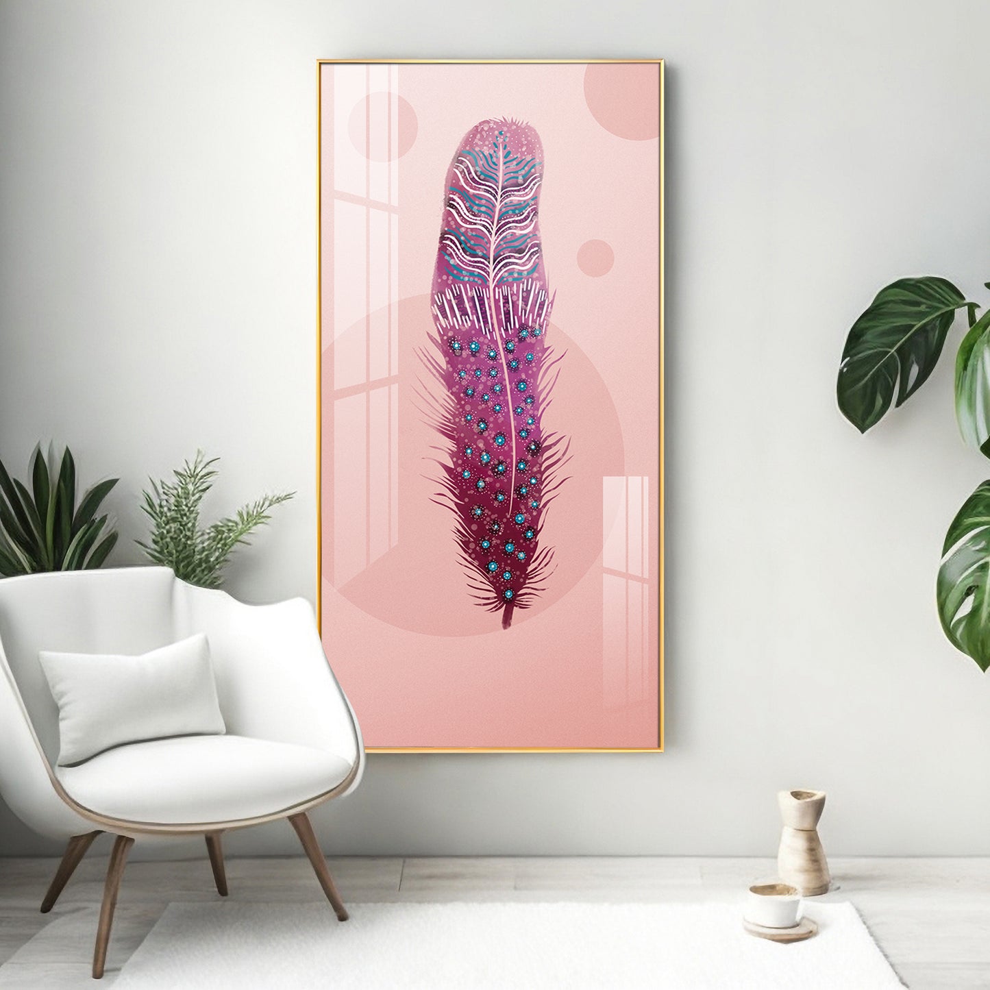 Pink Plume Glass Finish Vertical Wall Art