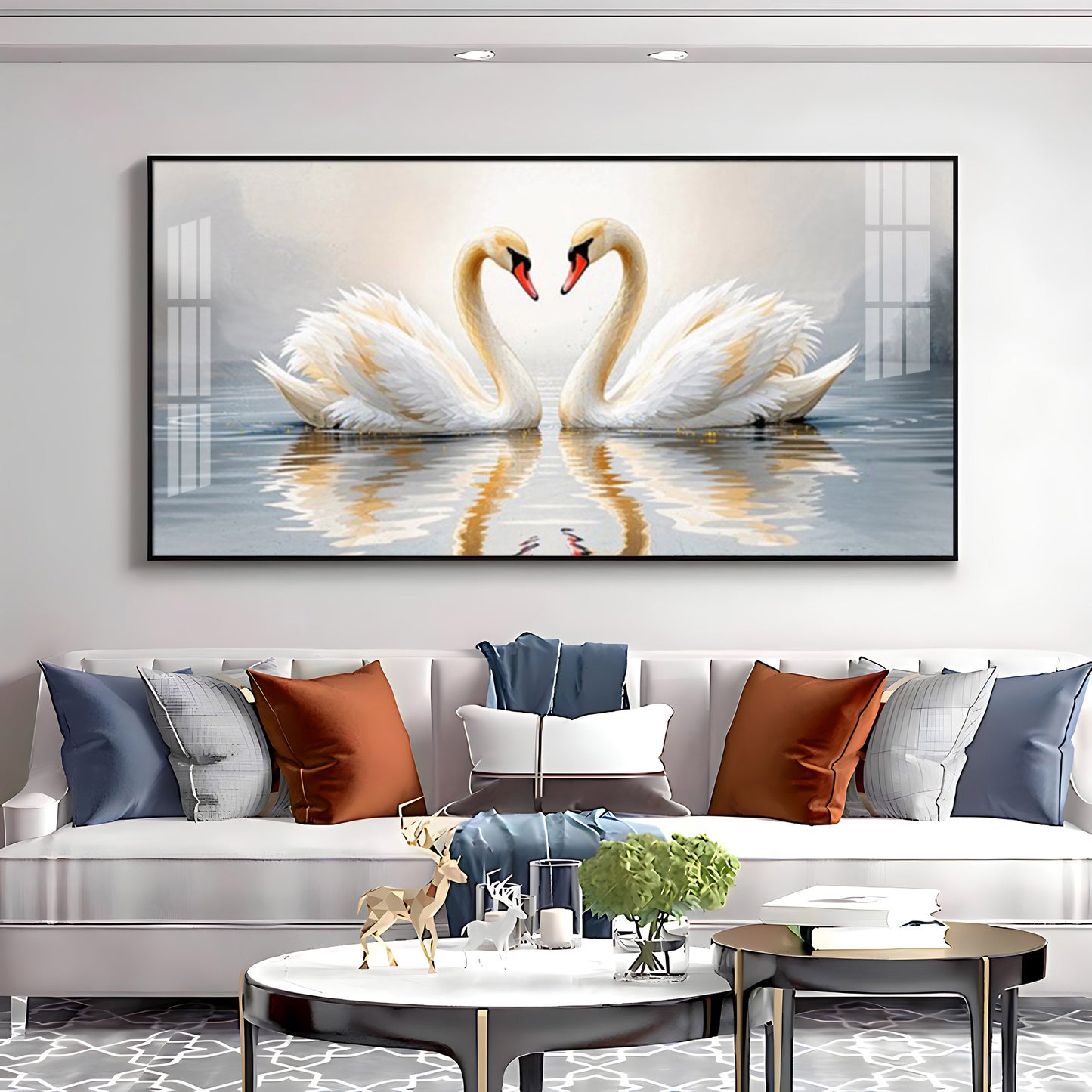 Two White Swan Glass Finish Horizontal Wall Art