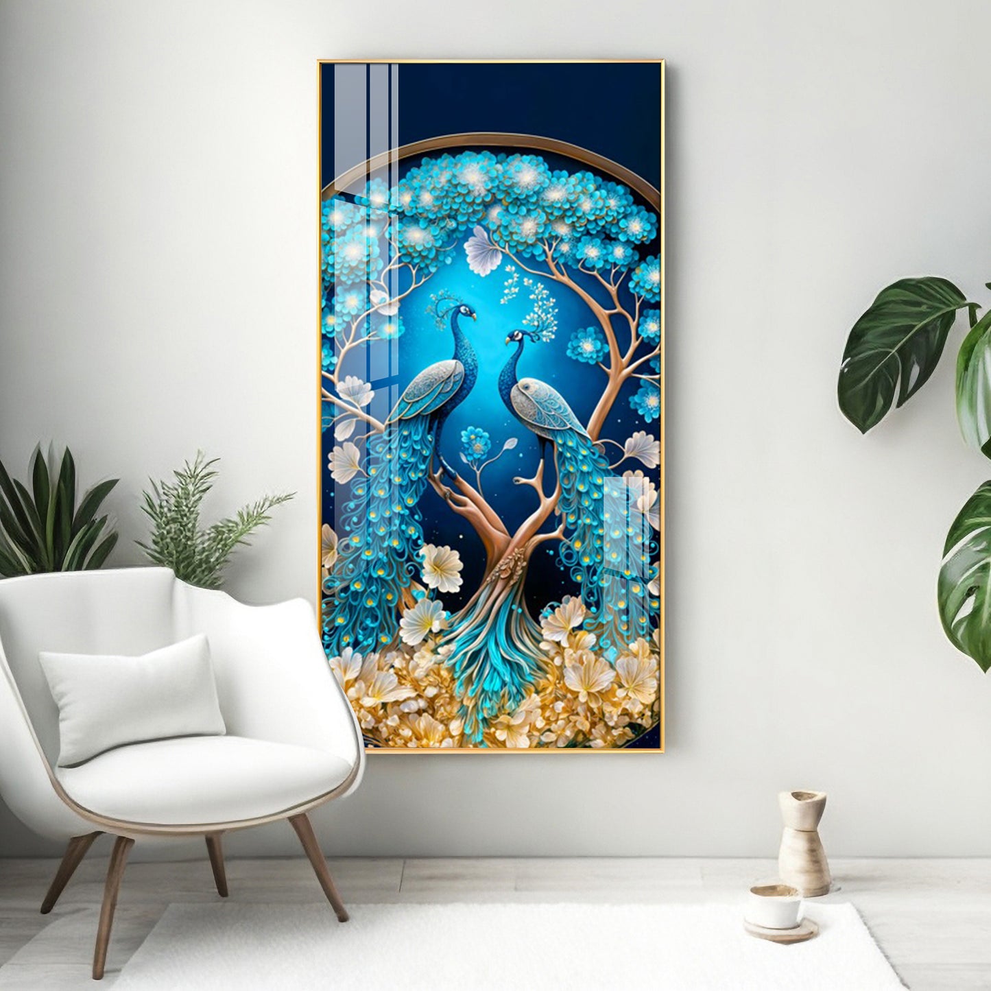 Peacock On Tree Branch Glass Finish Vertical Wall Art