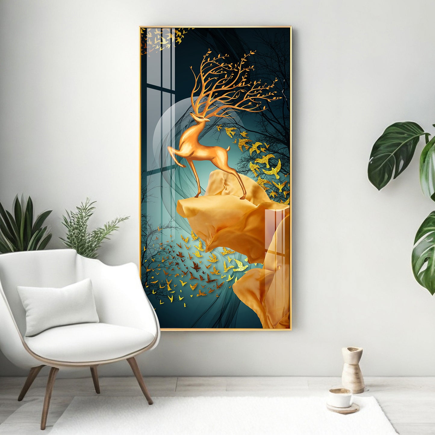 Golden Deer Jumping Glass Finish Vertical Wall Art