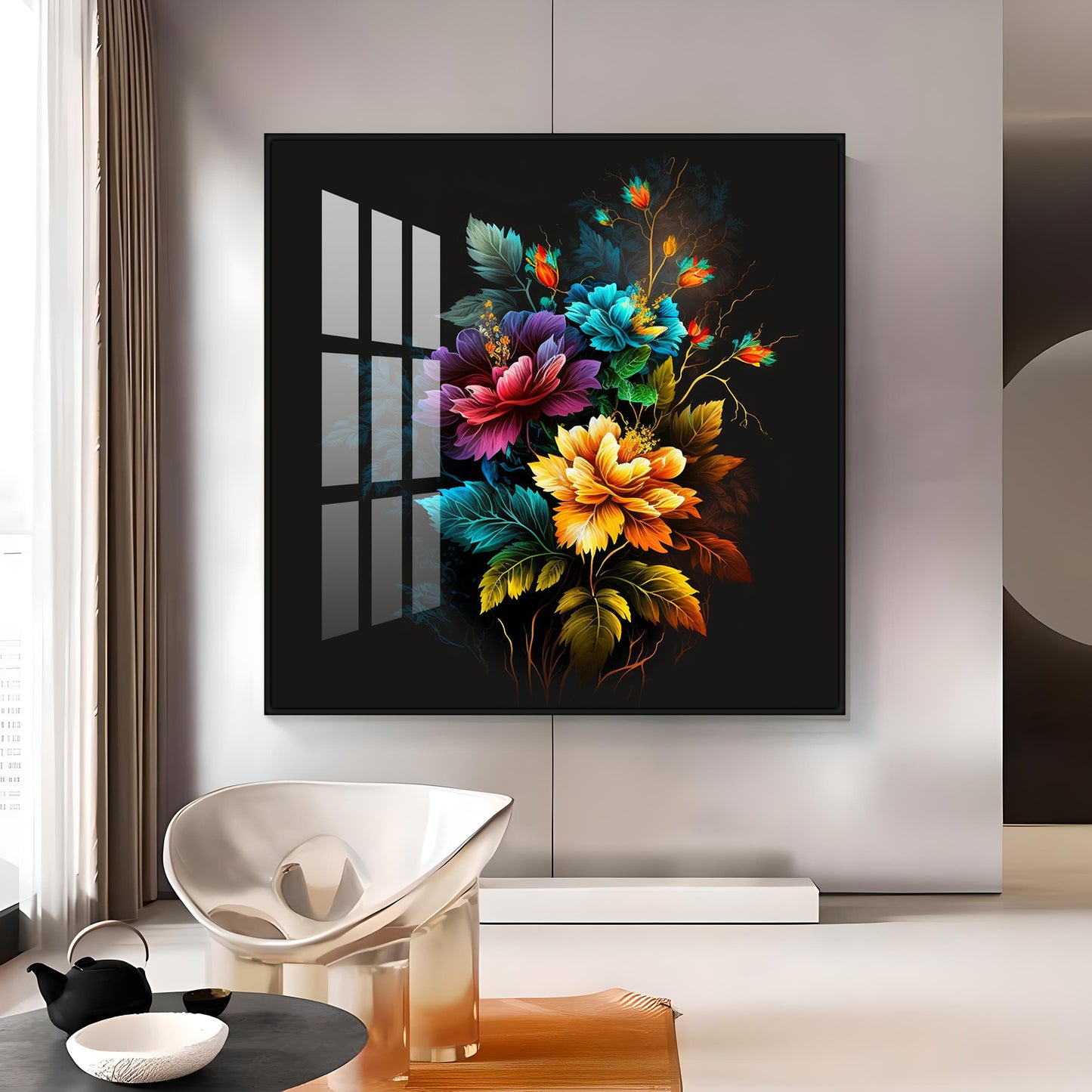 Dark Floral Symphony Glass Finish Square Wall Art