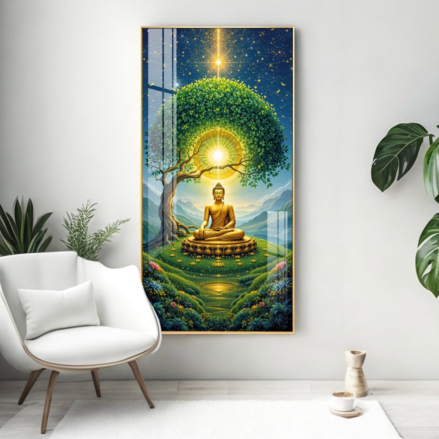 Meditating Buddha In Nature Glass Finish Vertical Wall Art
