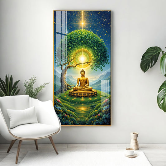 Meditating Buddha In Nature Glass Finish Vertical Wall Art